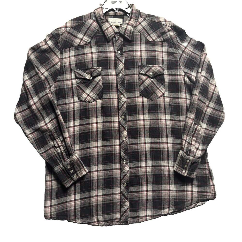Wrangler Wrancher Flannel Plaid Button-Up Shirt Mens 2XLT Pockets Gray Multi